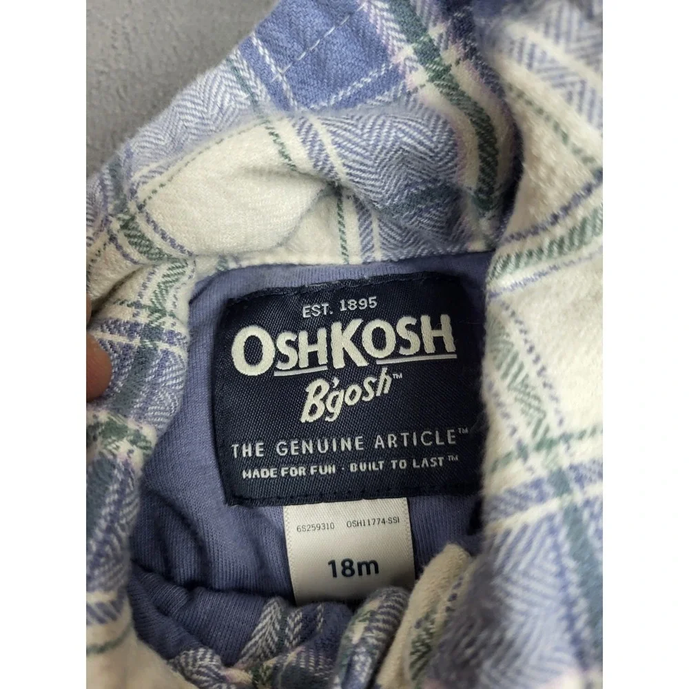 Oshkosh Bgosh Flannel Shirt Kids 18 Mo Blue Gingham Plaid Quilted Midweight Warm